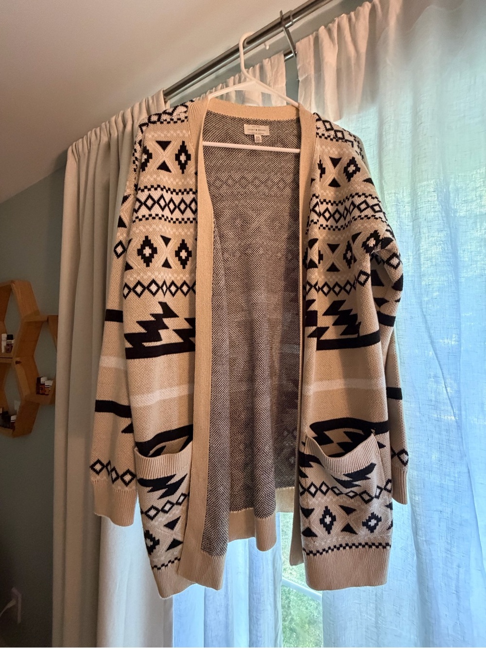 Lucky Brand Beige & Black Aztec Open-Front Cardigan